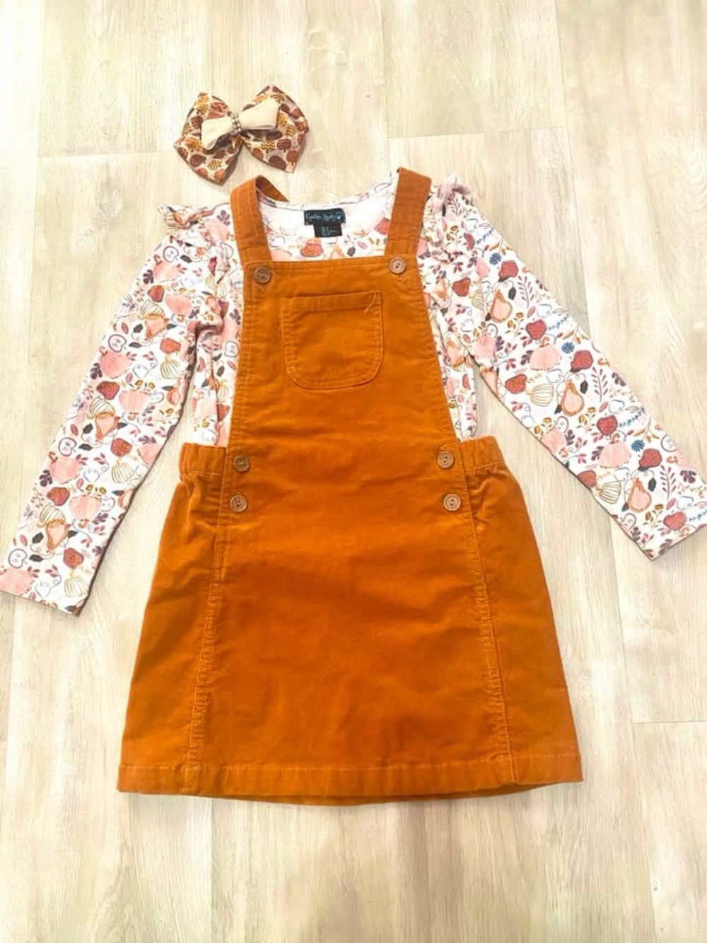 Cynthia Rowley Rust Orange Corduroy Pinafore Dress with Floral Top Set